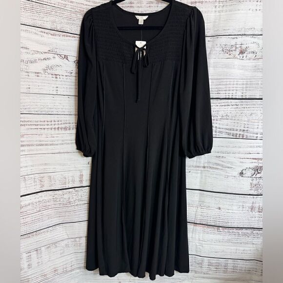 EST. 1946 Dress Womens Plus 14/16 ideal Black V Neck jersey Smocked pleated New - Picture 1 of 11